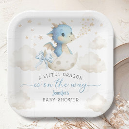 Plato De Papel Dragon Baby Shower Boy Blue Cute Dragon