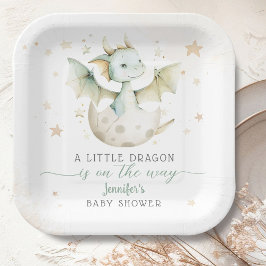 Plato De Papel Dragon Baby Shower Cute Boy Green Dragon
