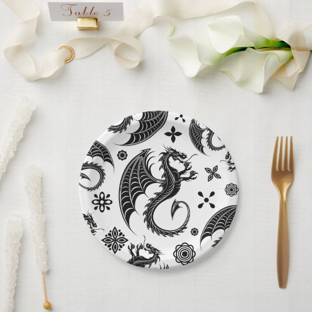 Plato De Papel Dragon Black Shape Tattoo Style (Boda)