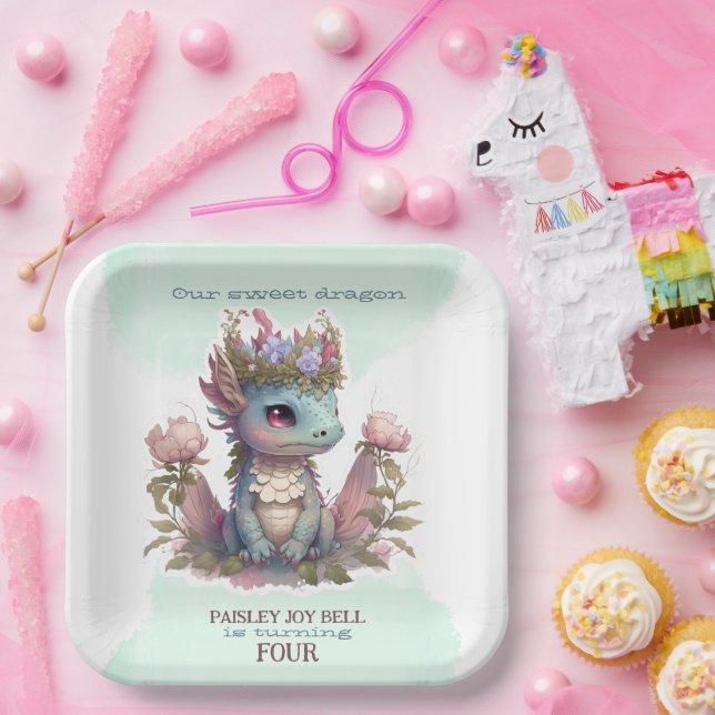 Plato De Papel Dragón Chica de cuatro años (Fiesta)