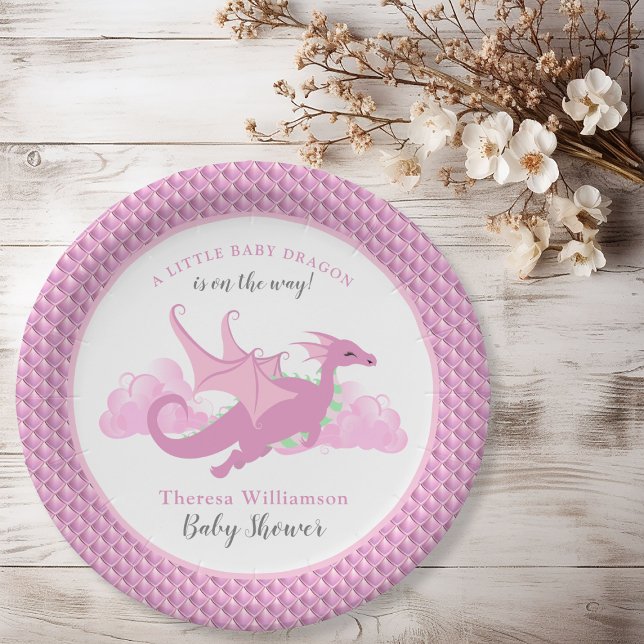Plato De Papel Dragon Chica Whimsical Rosa Baby Shower (Pink Whimsical Girl Dragon Baby Shower Paper Plates)