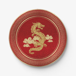 Plato De Papel Dragón chino de oro de Año Nuevo y Relieve metaliz