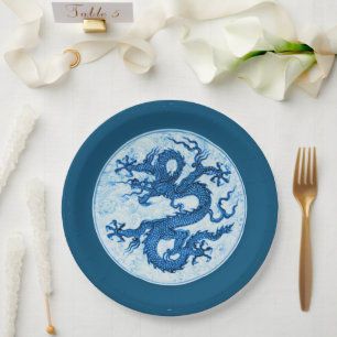 Plato De Papel Dragón chino, placas azul índigo y papel blanco