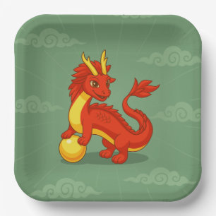 Plato De Papel Dragón Chino Rojo sobre Verde