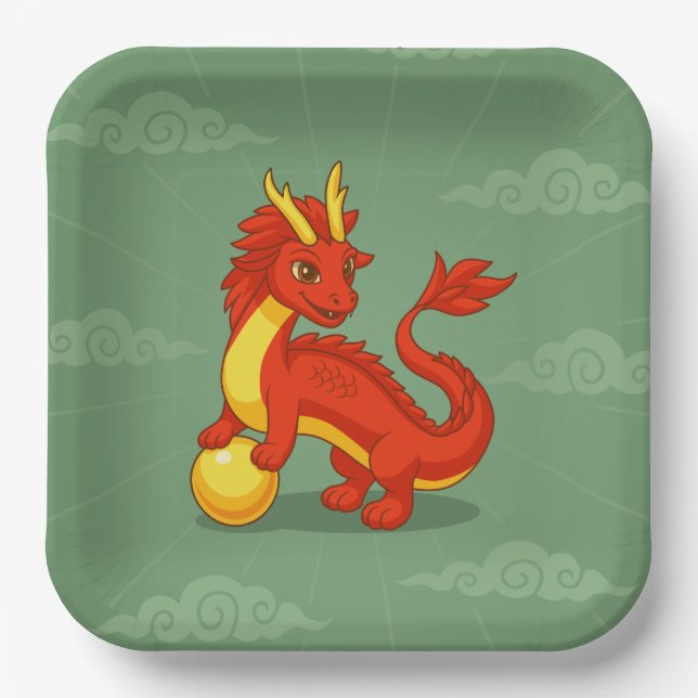 Plato De Papel Dragón Chino Rojo sobre Verde (Anverso)