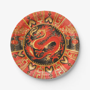 Plato De Papel Dragón chino tradicional de oro rojo