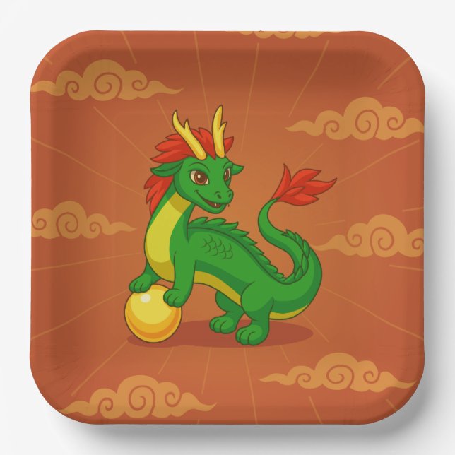 Plato De Papel Dragón Chino Verde sobre Rojo (Anverso)