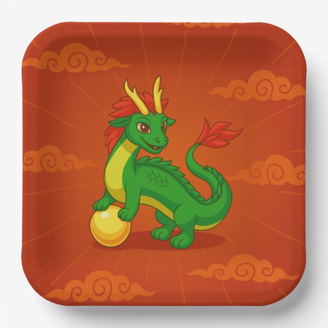Plato De Papel Dragón Chino Verde sobre Rojo (Anverso)