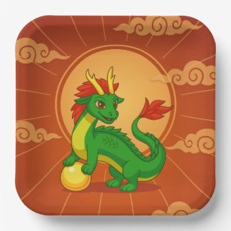 Plato De Papel Dragón Chino Verde sobre Rojo