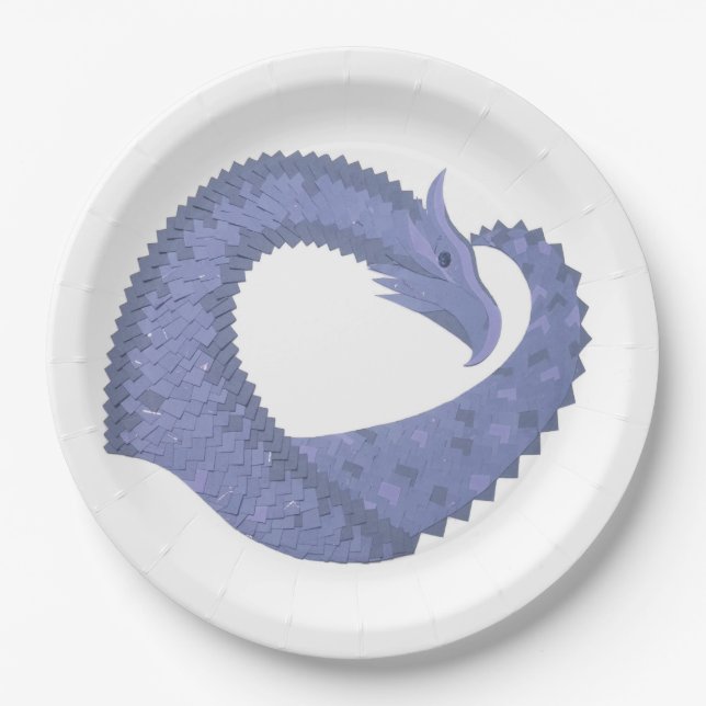 Plato De Papel Dragón de corazón azul-gris sobre blanco (Anverso)