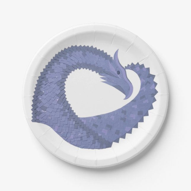 Plato De Papel Dragón de corazón azul-gris sobre blanco (Anverso)
