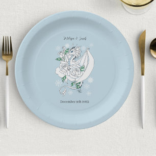 Plato De Papel Dragón de invierno blanco Snowflakes Boda azul