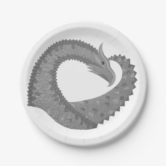 Plato De Papel Dragón del corazón gris sobre blanco (Anverso)