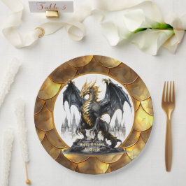 Plato De Papel Dragón dorado y negro con borde de escamas de drag