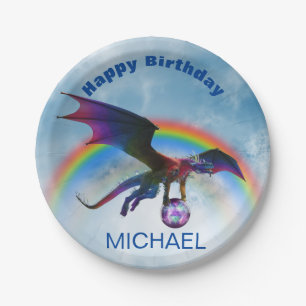 Plato De Papel Dragón Feliz Cumpleaños nombre Fantasía Arcoíris P