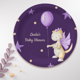 Plato De Papel Dragón lindo con Chica morado globo Baby Shower