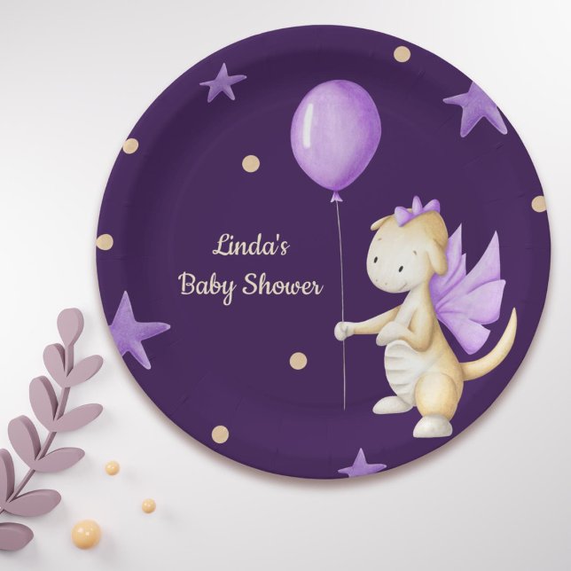 Plato De Papel Dragón lindo con Chica morado globo Baby Shower (Subido por el creador)