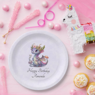 Plato De Papel Dragón morado con corona elegante