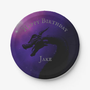 Plato De Papel Dragón morado mítico iluminado por luna feliz cump