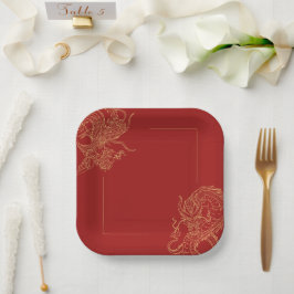 Plato De Papel Dragon Phoenix Boda Tradicional Chino Rojo
