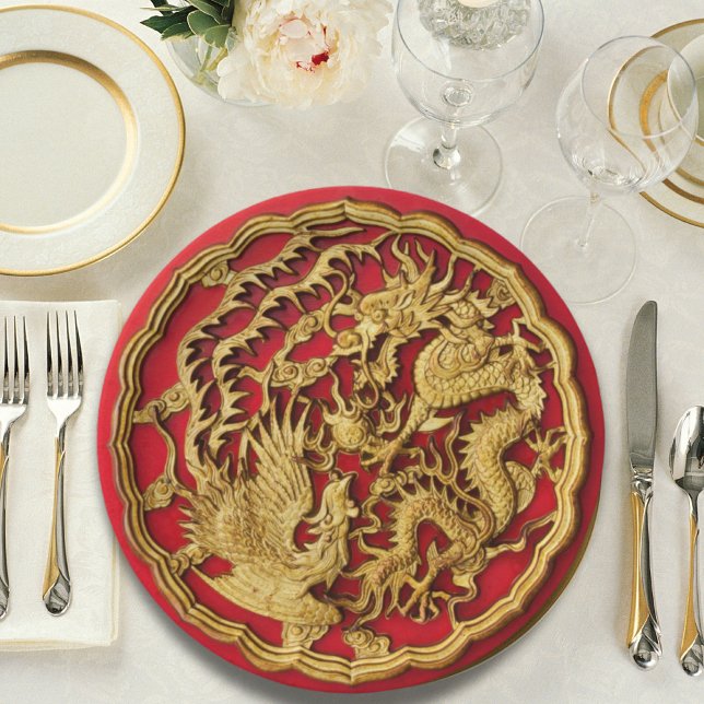 Plato De Papel Dragon Phoenix Red Gold Boda China (Dragon Phoenix Red Gold Chinese Wedding Paper Plates)
