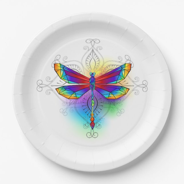 Plato De Papel Dragón poligonal arcoiris (Anverso)