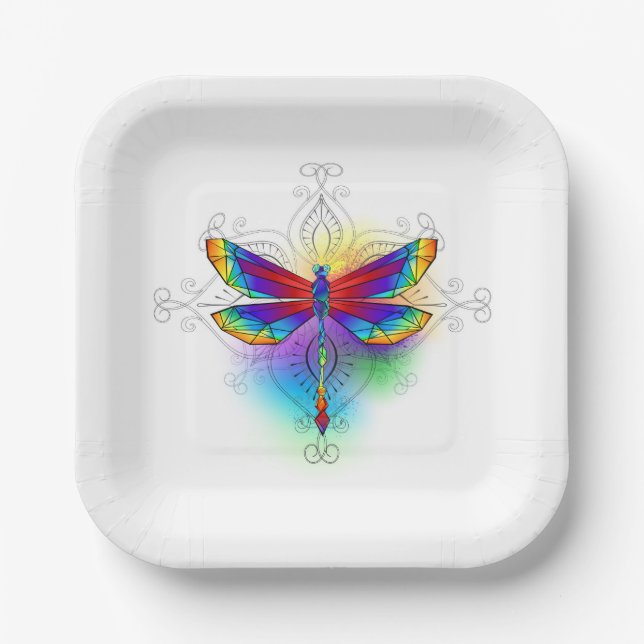 Plato De Papel Dragón poligonal arcoiris (Anverso)