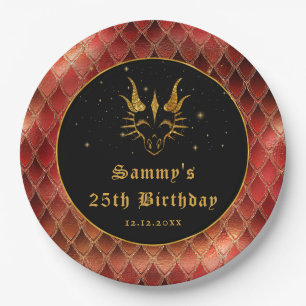 Plato De Papel Dragón Rojo Escales Gold Faux Purpurina Cumpleaños
