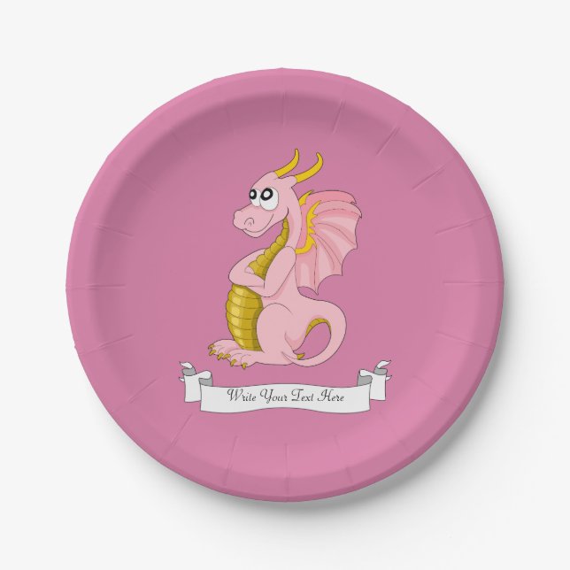 Plato De Papel Dragón rosa de dibujos animados (Anverso)