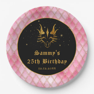 Plato De Papel Dragón Rosa Escales Purpurina Faux Gold Cumpleaños