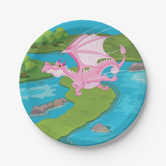 Plato De Papel Dragón Volador Rosa Sobre el Río (Anverso)