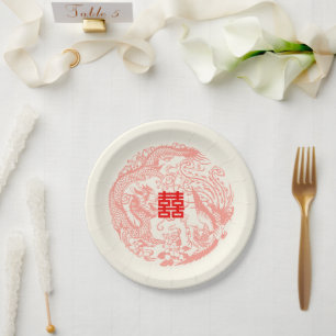 Plato De Papel Dragón y boda chino beige fénix