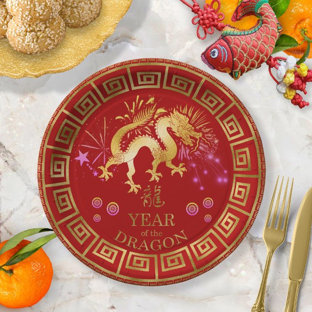 Plato De Papel Dragón zodiaco chino rojo/dorado ID542 (Subido por el creador)