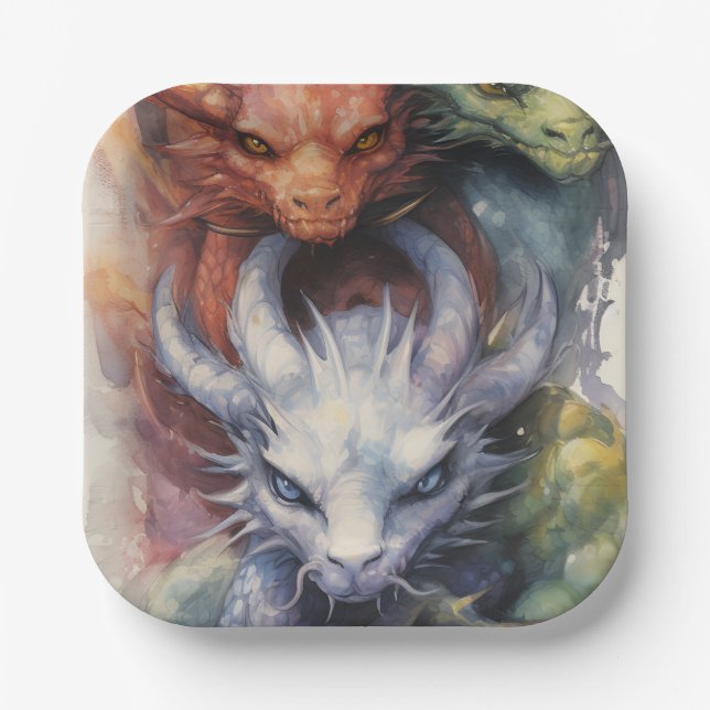 Plato De Papel Dragones blancos rojos (Anverso)