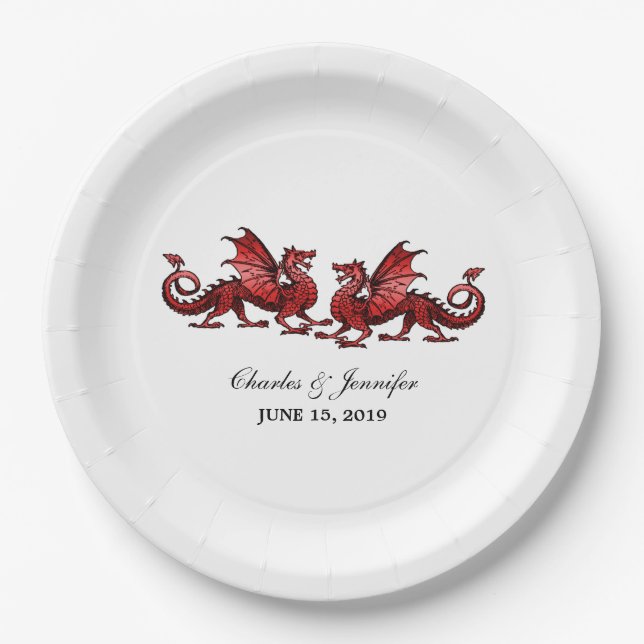 Plato De Papel Dragones Rojos Elegantes Placas de papel Boda (Anverso)