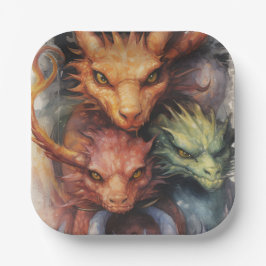 Plato De Papel Dragones verdes del naranja Rojo