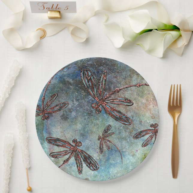 Plato De Papel Dragonflies en bronce en un cielo mágico (Boda)