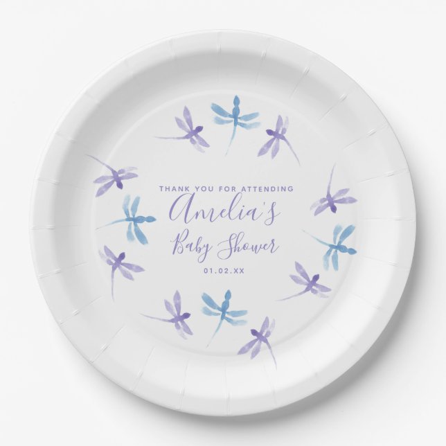 Plato De Papel Dragonflies Hand Pintado Baby Shower  (Anverso)