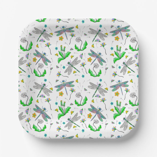 Plato De Papel Dragonflies y Dandelions (Anverso)