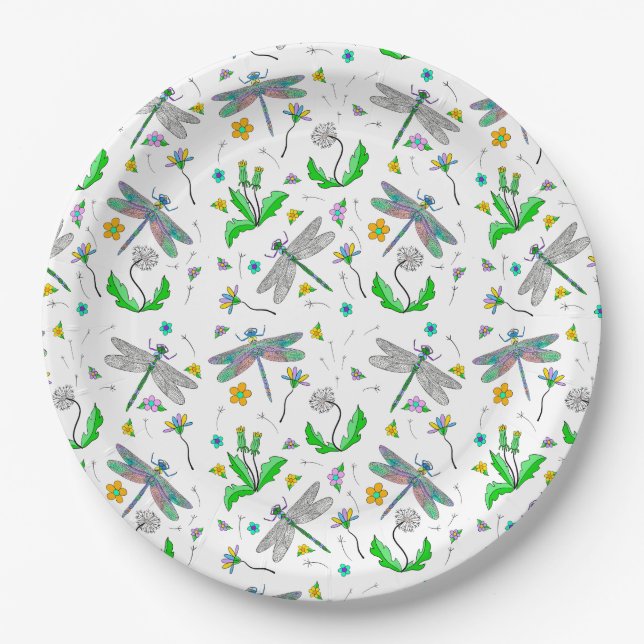 Plato De Papel Dragonflies y Dandelions (Anverso)