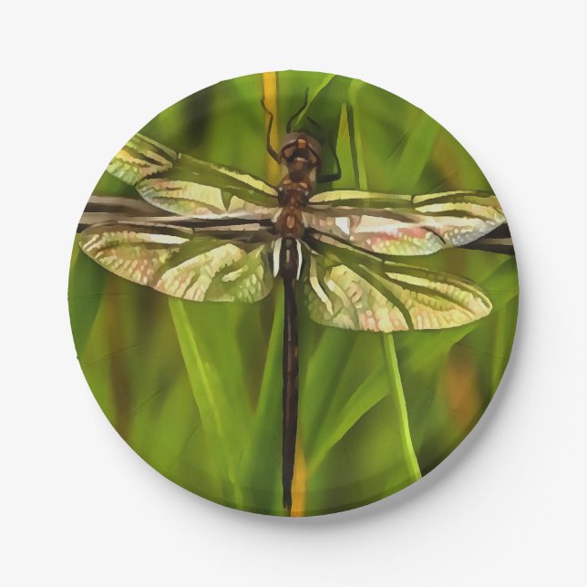Plato De Papel Dragonfly Artificial En Marrón Y Amarillo En Verde (Anverso)