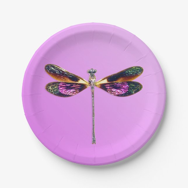 Plato De Papel Dragonfly - plata, oro, púrpura sobre violeta (Anverso)