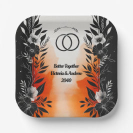 Plato De Papel Dramática acuarela Naranja negro Boda floral