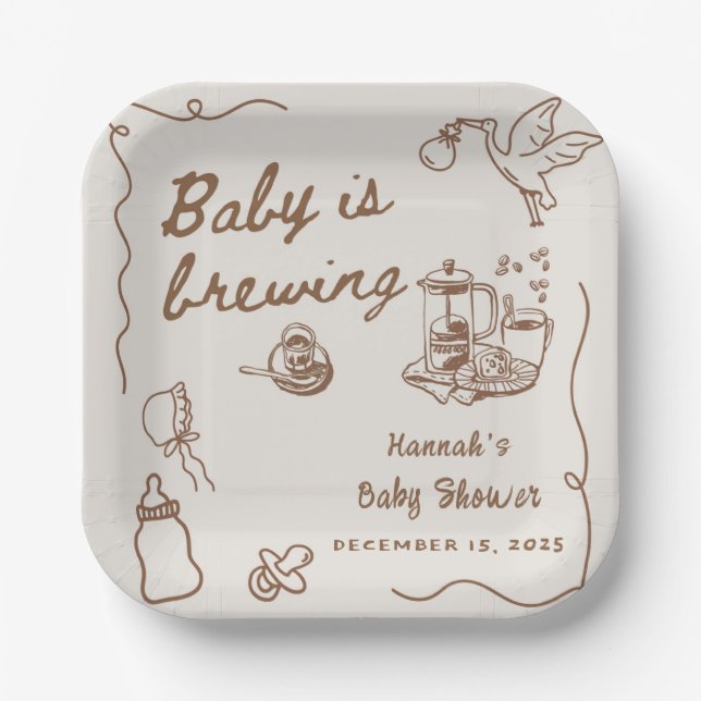 Plato De Papel Drawn Coffee Baby is Brewing Baby Shower (Anverso)