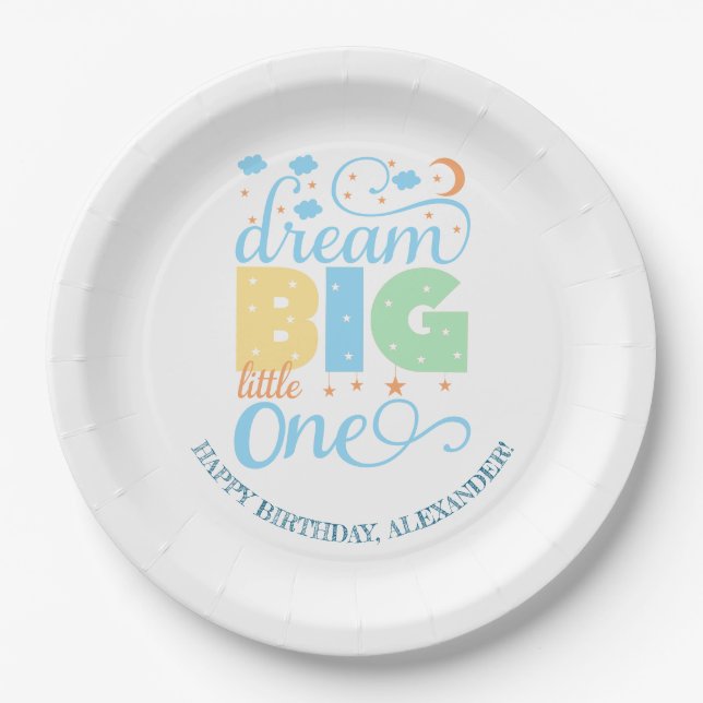 Plato De Papel Dream Big Little One Blue Baby Boy Primer cumpleañ (Anverso)