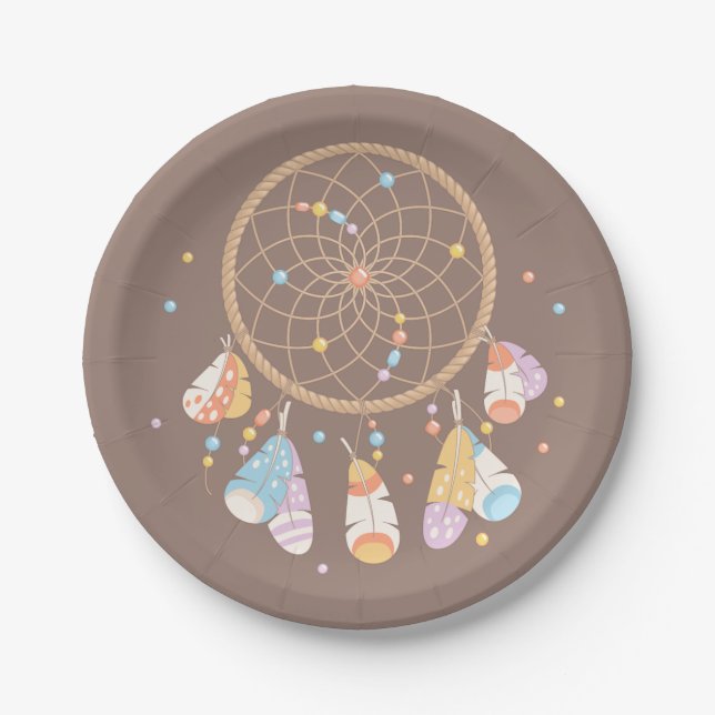 Plato De Papel Dreamcatcher Tribal Boho Baby Brown (Anverso)