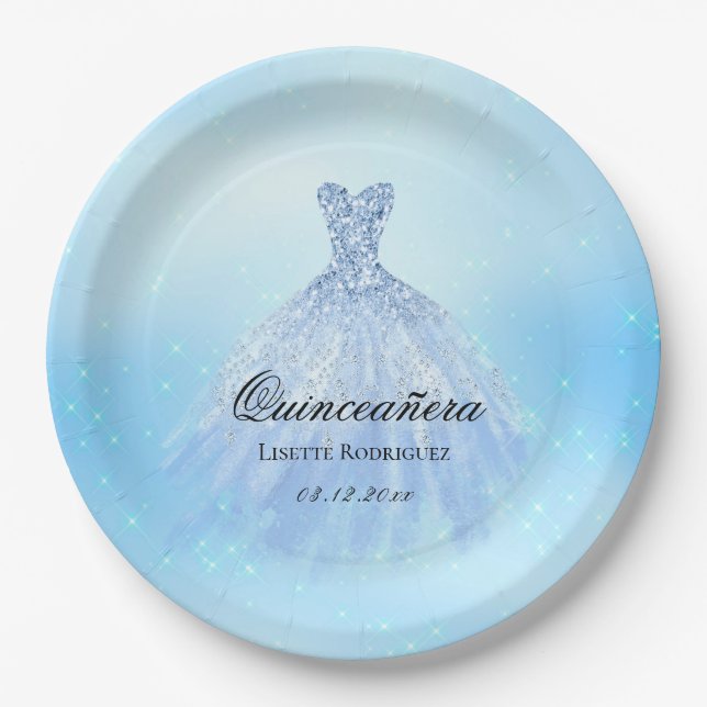 Plato De Papel Dreamy Baby Blue Quinceanera Personalizado (Anverso)