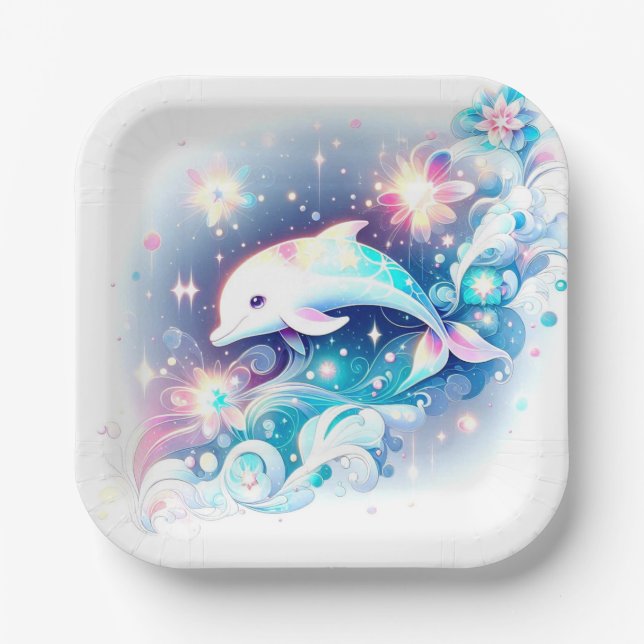 Plato De Papel Dreamy Modern Dolphin Baby Shower (Anverso)