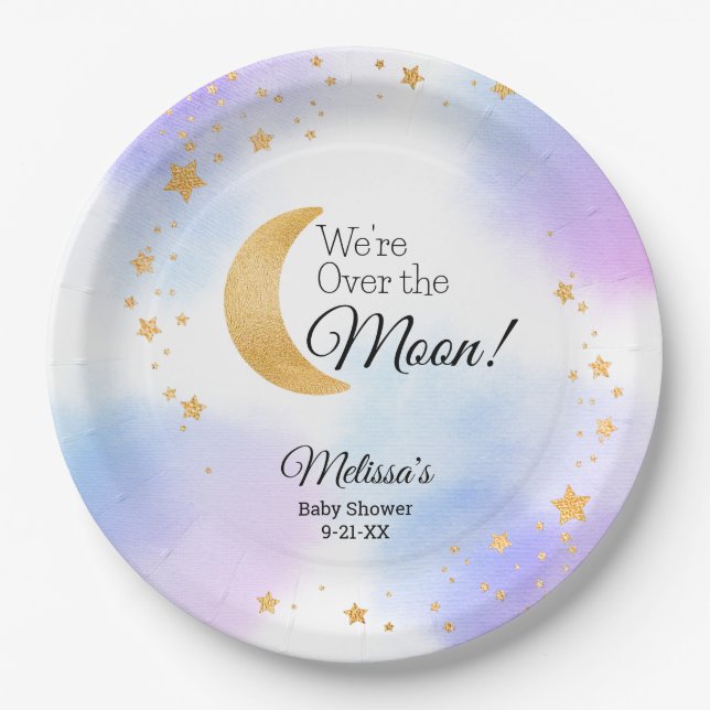 Plato De Papel Dreamy Over the Moon Gender Neutral Baby Shower (Anverso)