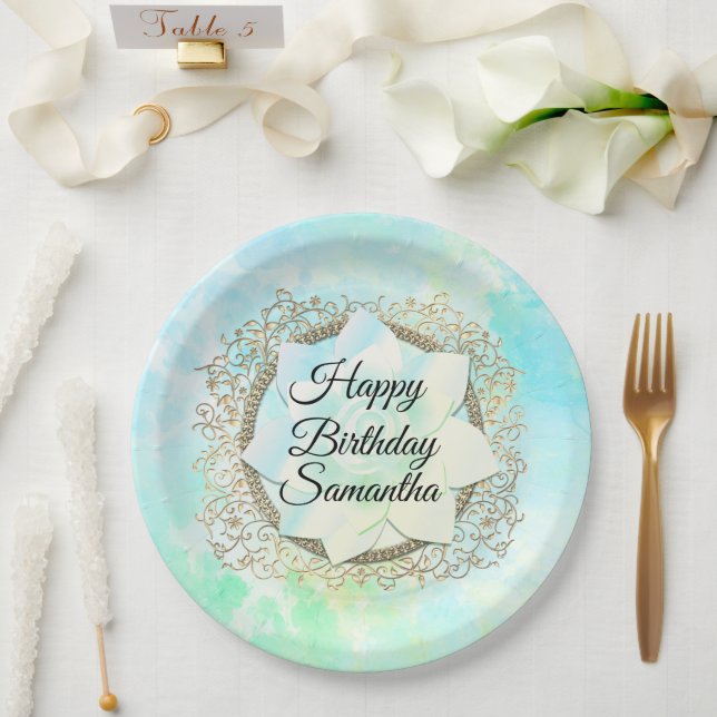 Plato De Papel Dreamy Pastels Lotus Flower Personalizado (Boda)